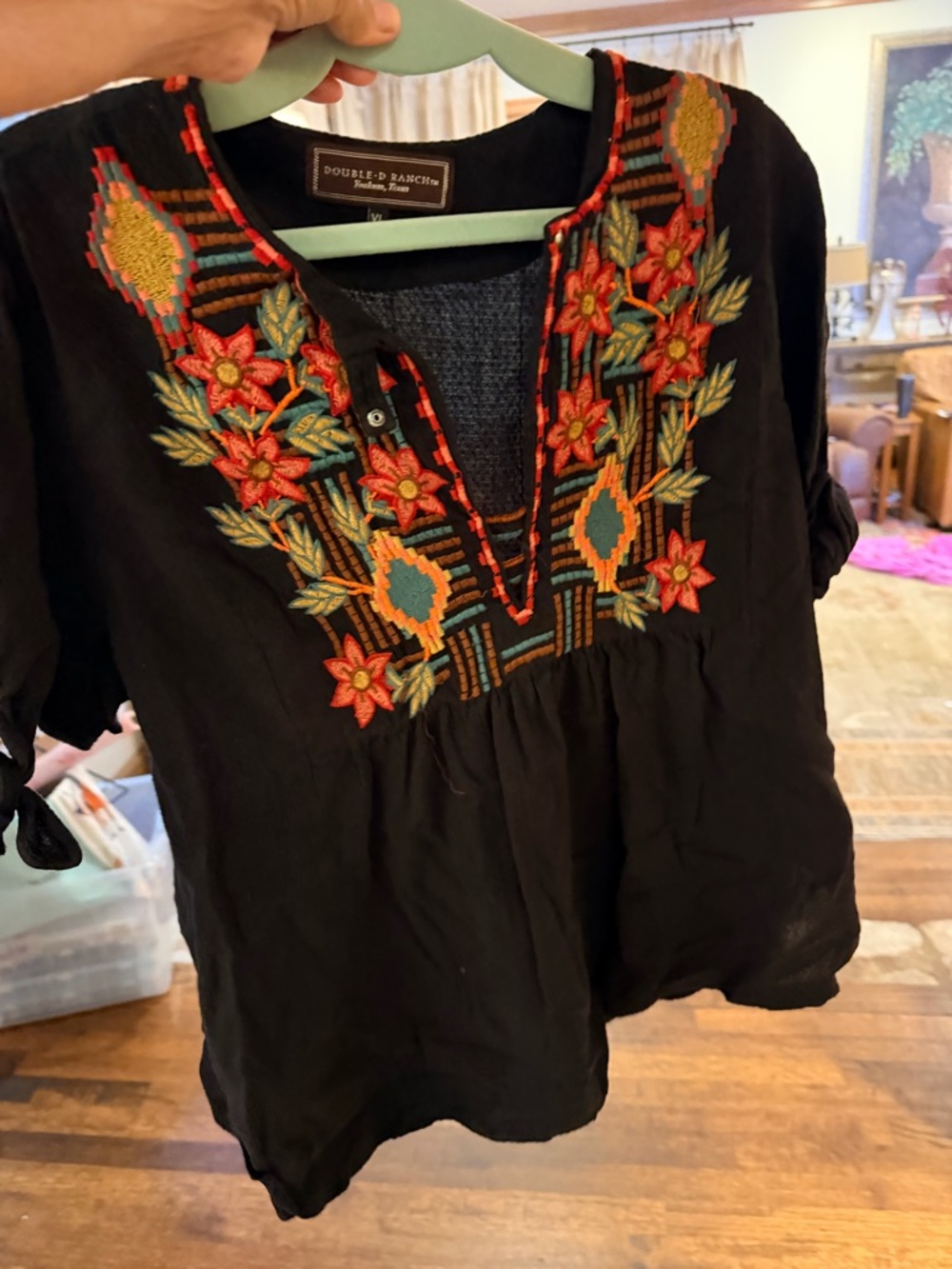 Double D Ranch Black Embroidered Peasant Top XL
